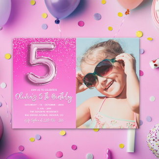 "Five and Fabulous Pink Glitter Birthday Photo Einladung