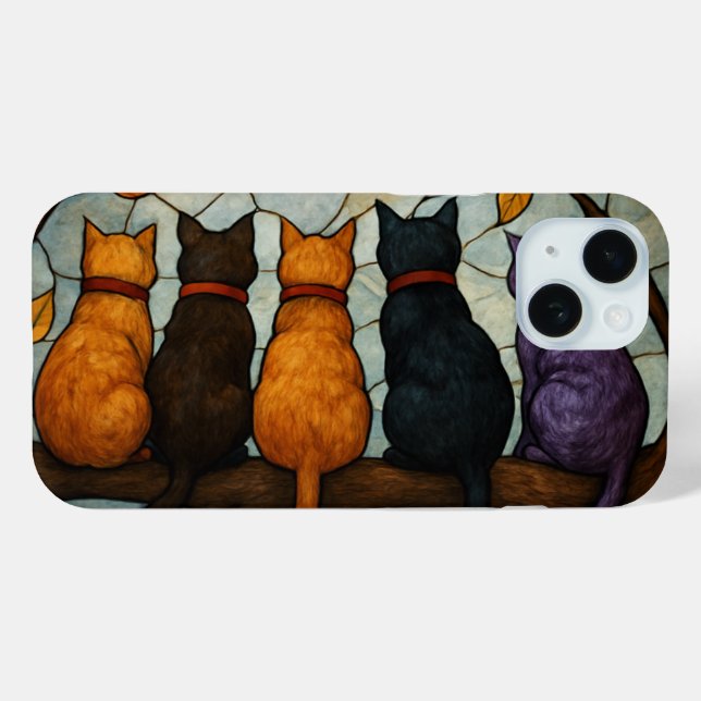 Five Cats on a Tree Branch Stained Glass Style Case-Mate iPhone Hülle (Rückseite (Horizontal))