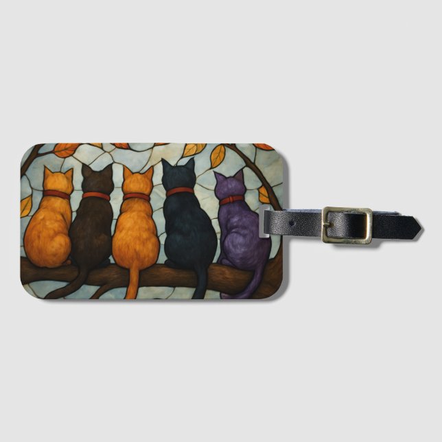 Five Cats on a Tree Branch Stained Glass Style Gepäckanhänger (Vorderseite (Horizontal))