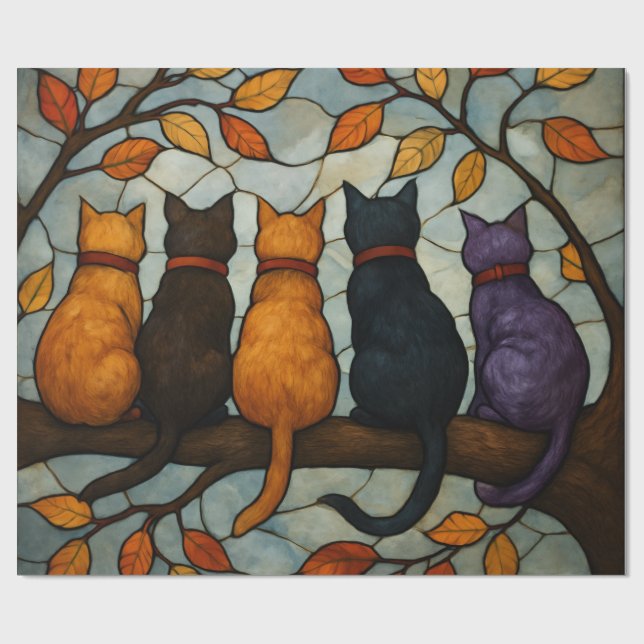Five Cats on a Tree Branch Stained Glass Style Geschenkpapier (Flach)