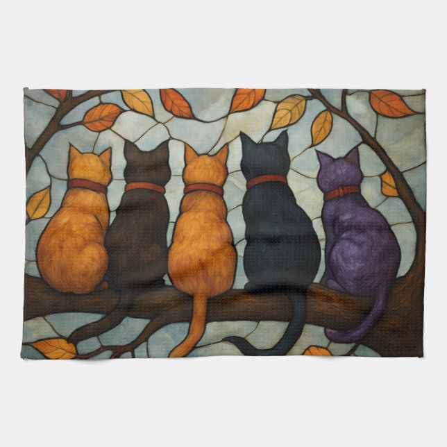 Five Cats on a Tree Branch Stained Glass Style Geschirrtuch (Horizontal)