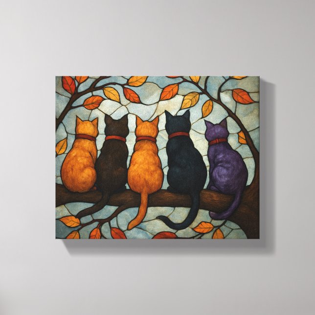 Five Cats on a Tree Branch Stained Glass Style Leinwanddruck (Vorderseite)