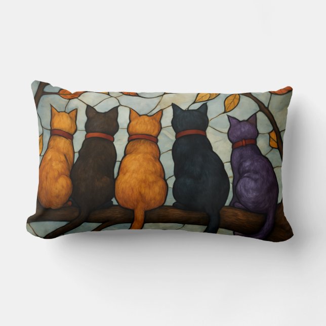 Five Cats on a Tree Branch Stained Glass Style Lendenkissen (Vorderseite)