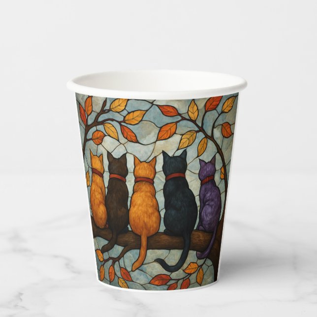 Five Cats on a Tree Branch Stained Glass Style Pappbecher (Vorderseite)