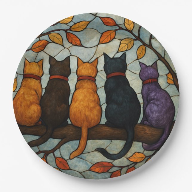Five Cats on a Tree Branch Stained Glass Style Pappteller (Vorderseite)