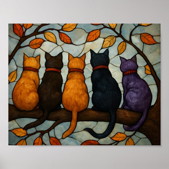 Five Cats on a Tree Branch Stained Glass Style Poster (Vorne)