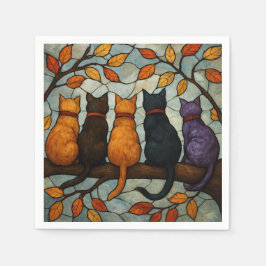Five Cats on a Tree Branch Stained Glass Style Serviette