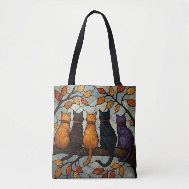 Five Cats on a Tree Branch Stained Glass Style Tasche (Vorderseite)