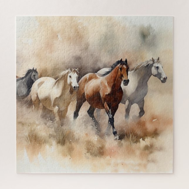 „Five Galloping Mustangs“ Staubige westliche Aquar (Vertikal)