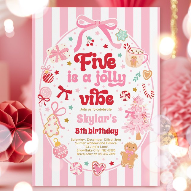 Five Is A Jolly Vibe Christmas Bow 5th Birthday Einladung (Von Creator hochgeladen)