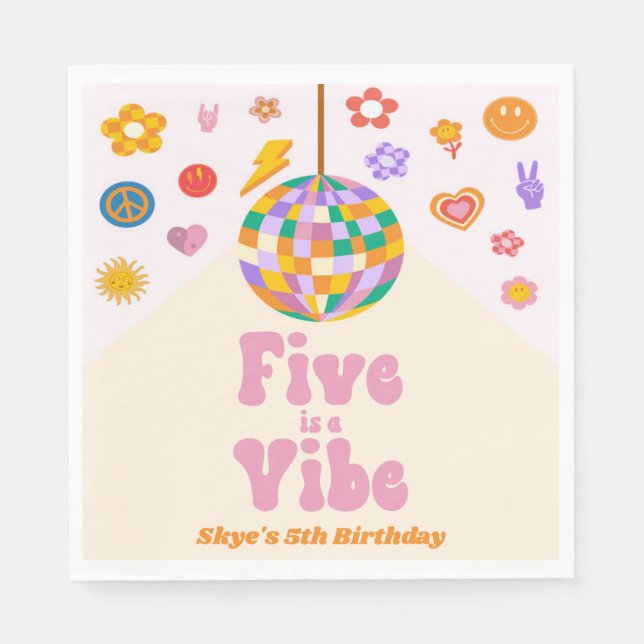 Five Is A Vibe Retro Disco Ball 5th Birthday Party Serviette (Vorderseite)