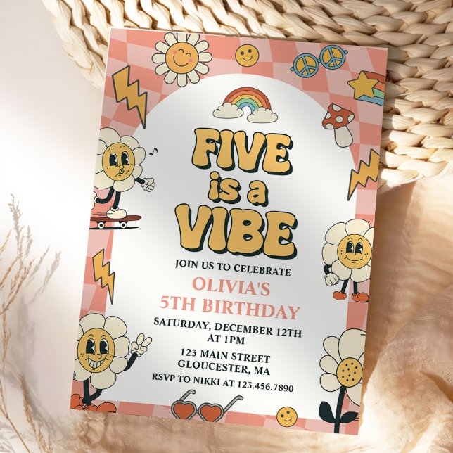 Five ist ein Vibe Daisy & Retro Van Pink 5. Geburt Einladung (Von Creator hochgeladen)