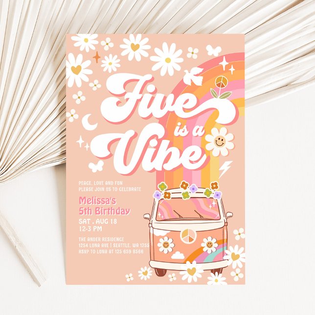 Five ist ein Vibe Girl Pink Peach Groovy 5. Geburt Einladung (Von Creator hochgeladen)