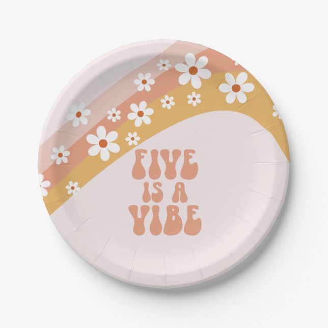 Five ist ein Vibe Groovy Retro Rainbow 5. Geburtst Pappteller (Vorderseite)