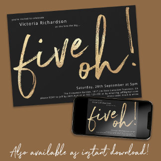 Five Oh 50. Geburtstag Black Gold Foil Stilvolle C Einladung