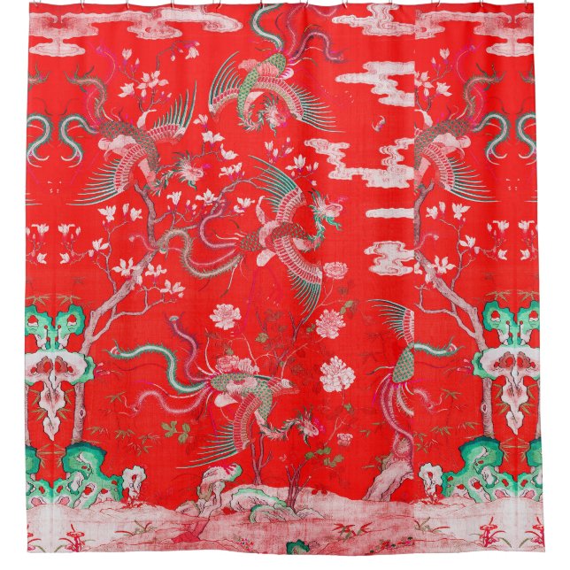 Five Phoenixes in Garden Chinese Red Floral  Duschvorhang (Vorderseite)