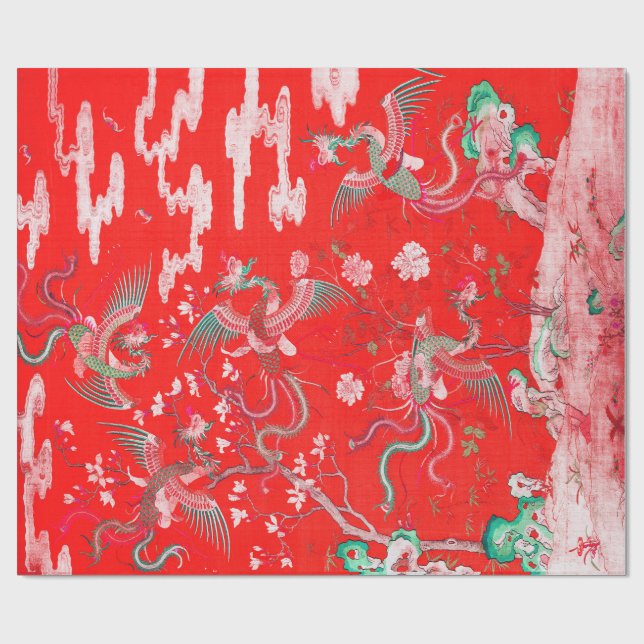 Five Phoenixes in Garden Chinese Red Floral  Geschenkpapier (Flach)