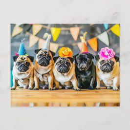 Five Pugs with Party Hats Together Postkarte