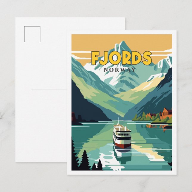 Fjord Norwegen Vintage Illustration Postkarte (Vorne/Hinten)