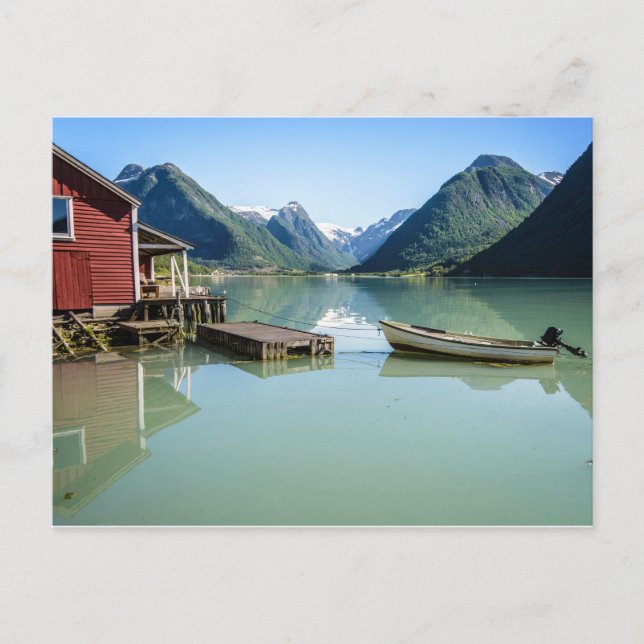 Fjordlandschaft mit Bootshaus und Bergen Postkarte (Vorderseite)