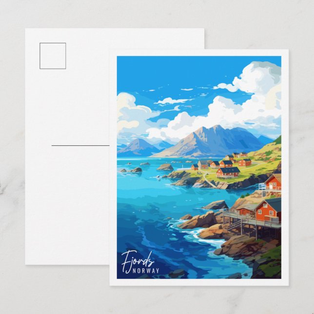Fjords Norwegen Vintage Reise Illustration Postkarte (Vorne/Hinten)