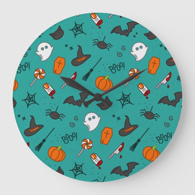 Flach-Style Halloween türkisfarbenes Muster. Große Wanduhr (Vorderseite)