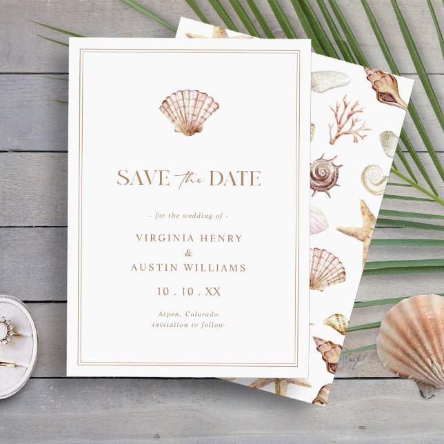Flache Save The Date Karte (Elegant Seashell Watercolor Beach Flat Save The Date Card by Painted Paperie
)