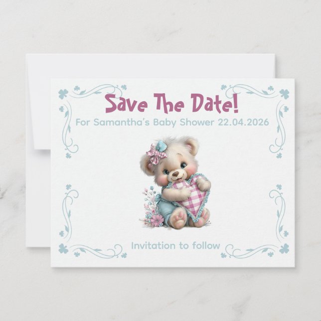 Flache Save The Date Karte Teddybär Baby-Party (Vorderseite)