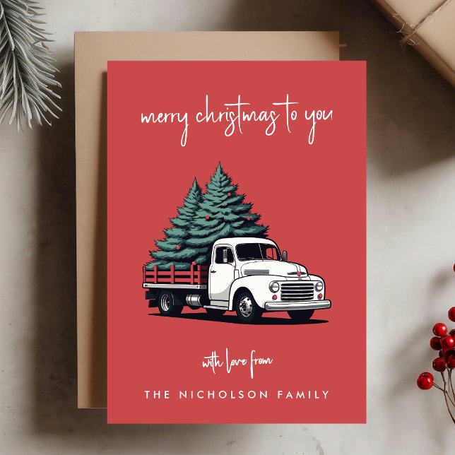 Flache Weihnachtskarte | Weihnachtsbaum-Lieferwage Feiertagskarte ( A vintage inspired delivery truck flat holiday card design with retro festive flair)