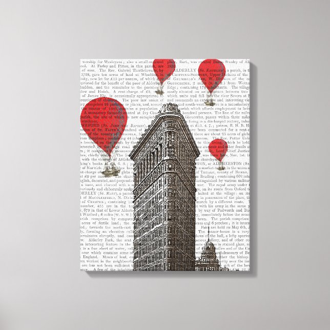 Flacheisen-Gebäude und Rot-Heißluftballons Leinwanddruck (Vorderseite)