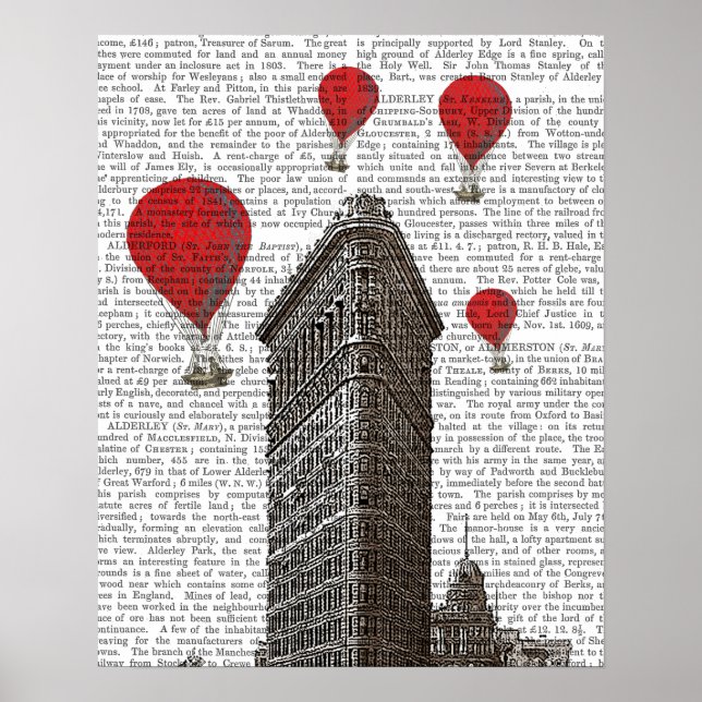 Flacheisen-Gebäude und Rot-Heißluftballons Poster (Vorne)