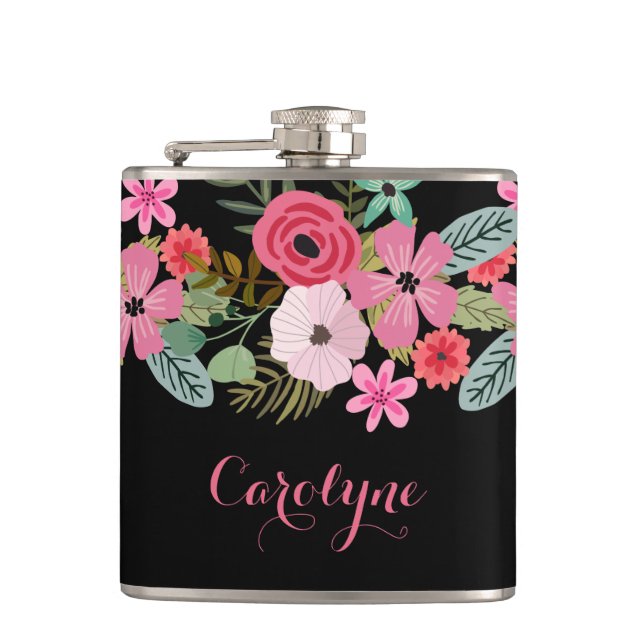 Flacon personnalisé floral noir rose Ajouter votre (Devant)
