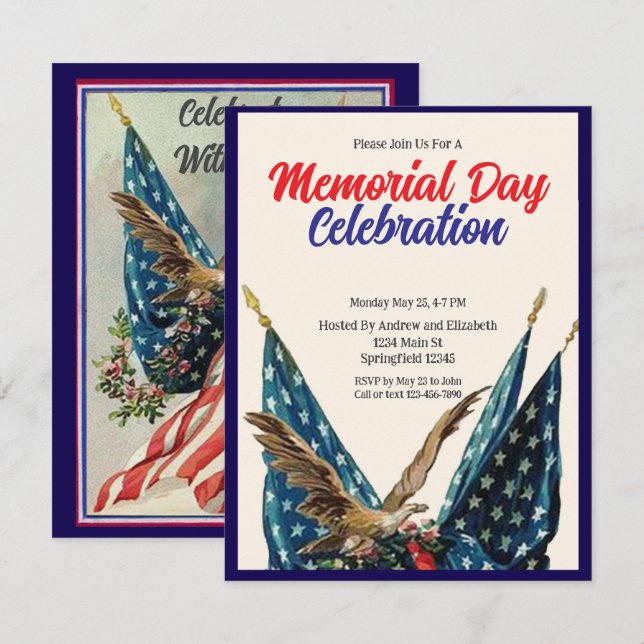 Flag and Eagle Patriotic Memorial Day Party Einladung (Vorne/Hinten)