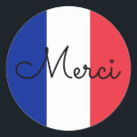 Flag France Colors Merci Runder Aufkleber<br><div class="desc">Merci ...  eine französische Sprache danke Ihnen Nachricht gegen die Farben der französischen Flagge. Sie können den modernen monoline-whimsikkalkalligraphischen Stil ändern,  um Ihre eigene Textnachricht zu erstellen. Probieren Sie einen anderen Schriftart Stil,  Größe und Farbe und personalisieren Sie das Textdesign,  um Ihre eigenen typografischen Aufkleber zu machen.</div>