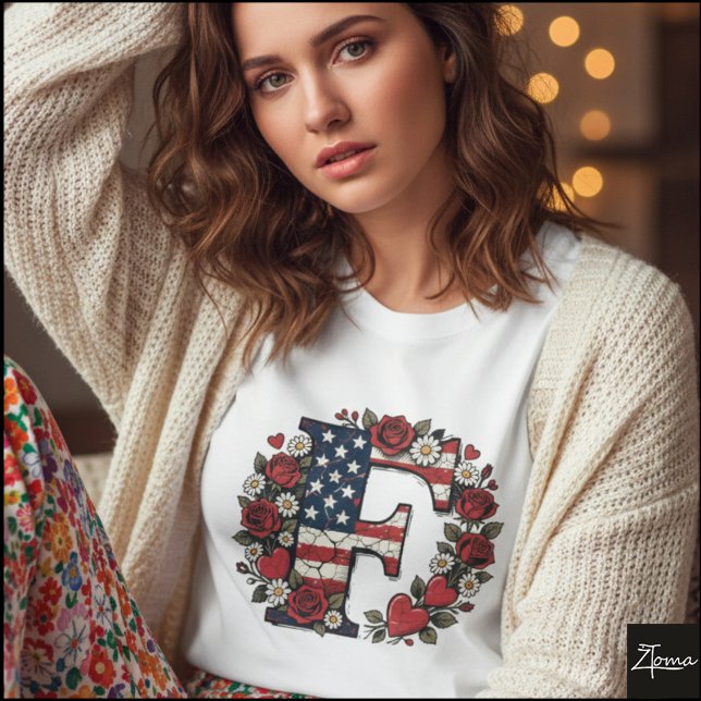 Flag Letter F Roses Wreath Monogram T-Shirt (Sample design. Several style are available to choose from, with the option to add a name & color.
)