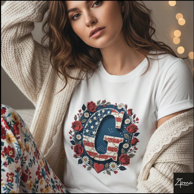 Flag Letter G Roses Wreath Monogram T-Shirt (Sample design. Several style are available to choose from, with the option to add a name & color.
)