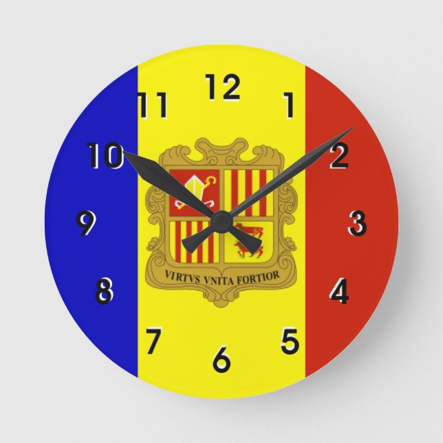 Flagge Andorras Runde Wanduhr (Vorderseite)