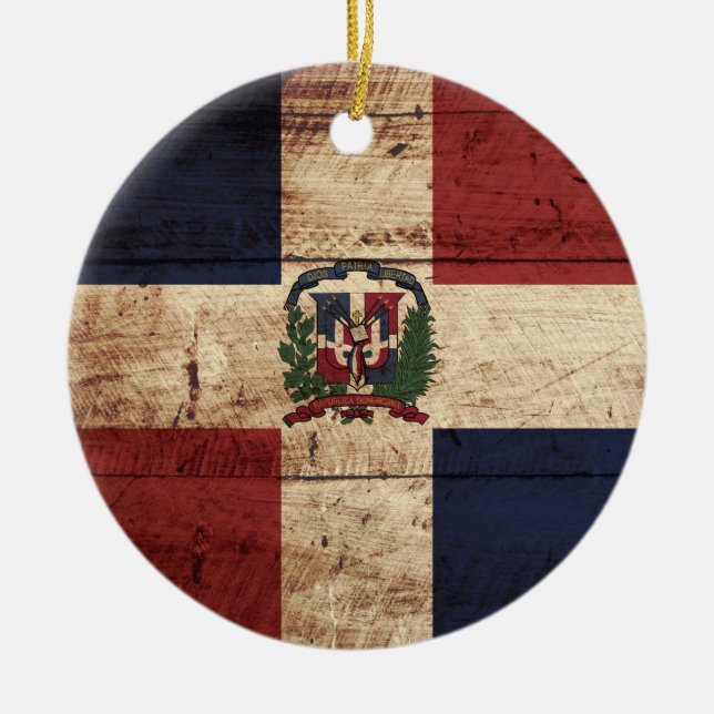 Flagge der Dominikanischen Republik auf Altholz Keramikornament (Vorne)