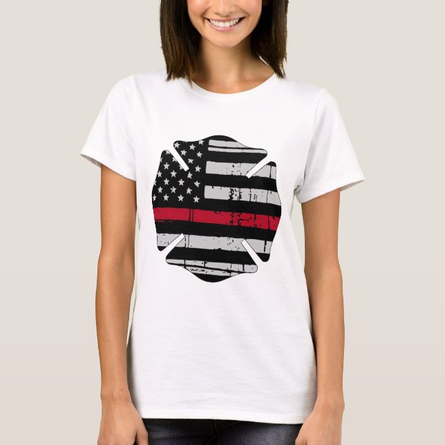 Flagge-Feuerwehrmann-Kreuz-dünne rote Linie T-Shirt (Vorderseite)