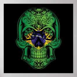 Flagge für den brasilianischen Schädel und Rose Poster