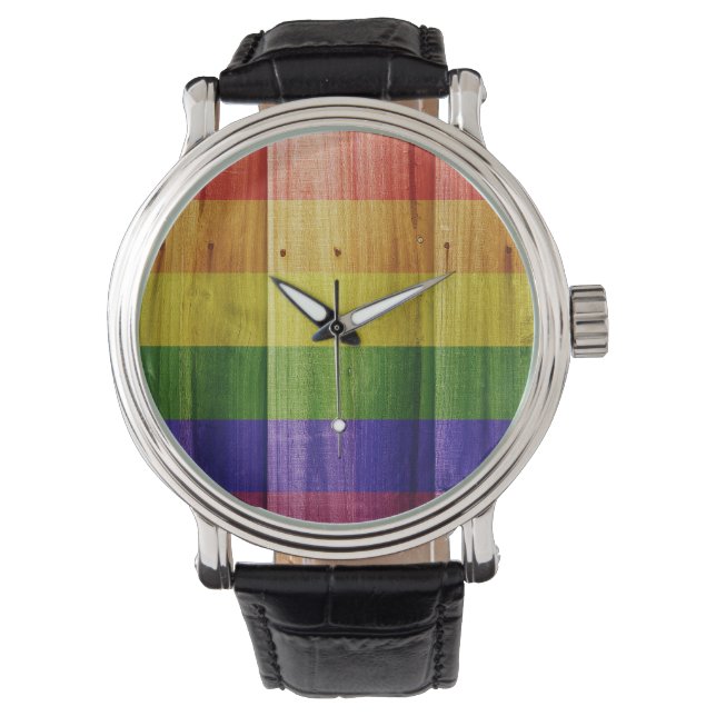 Flagge mit hölzernem Regenbogen Armbanduhr (Vorderseite)