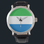 Flagge Sierra Leones Armbanduhr<br><div class="desc">Das Sierra Leone ist eine horizontale Trikolore. Die verwendeten Farben in der Flagge sind blau,  grün,  weiß. Der Anteil der Sierra Leone beträgt 2:3. Die Flagge Sierra Leones wurde 1961 adoptiert.</div>