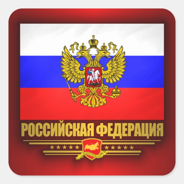 Flagge und Emblem der Russischen Föderation Quadratischer Aufkleber (Vorderseite)