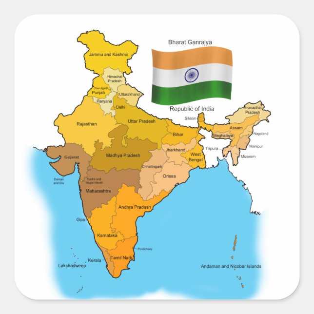 Flagge und Karte Indiens Quadratischer Aufkleber (Vorderseite)