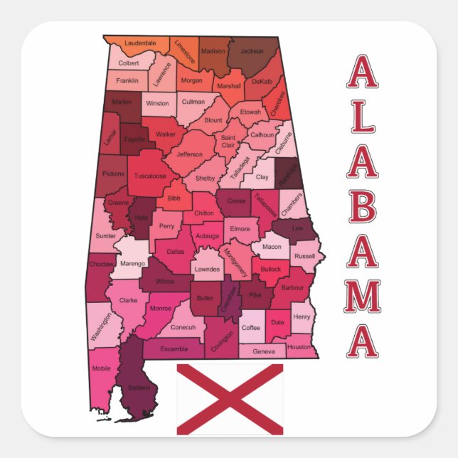 Flagge und Karte von Alabama Quadratischer Aufkleber (Vorderseite)