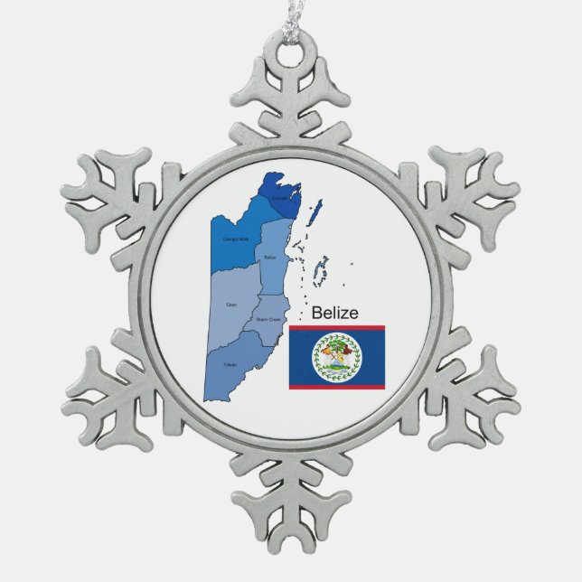 Flagge und Karte von Belize Schneeflocken Zinn-Ornament (Vorderseite)