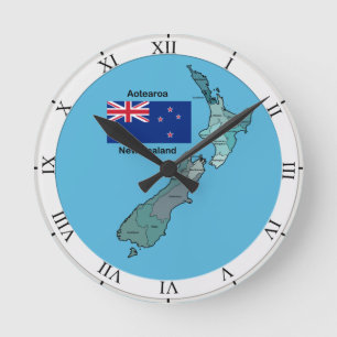 Flagge und Karte von Neuseeland Runde Wanduhr