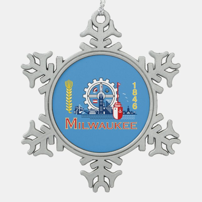 Flagge von Milwaukee, Wisconsin Schneeflocken Zinn-Ornament (Vorderseite)