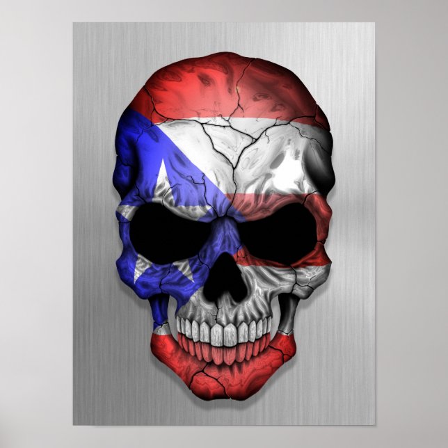 Flagge von Puerto Rico auf einem Stahlschädel Poster (Vorne)