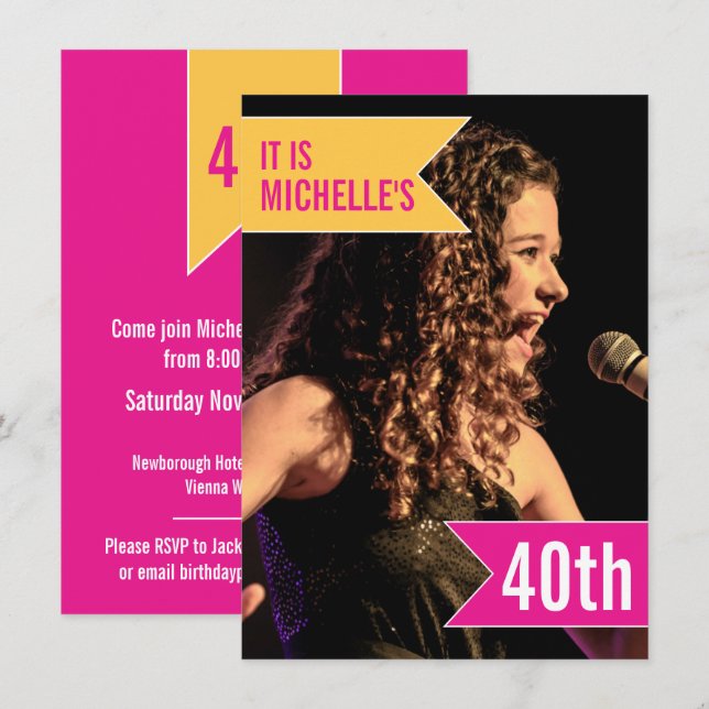 Flaggen hellrosa gelbes Foto 40. Geburtstag Party Einladung (Vorne/Hinten)